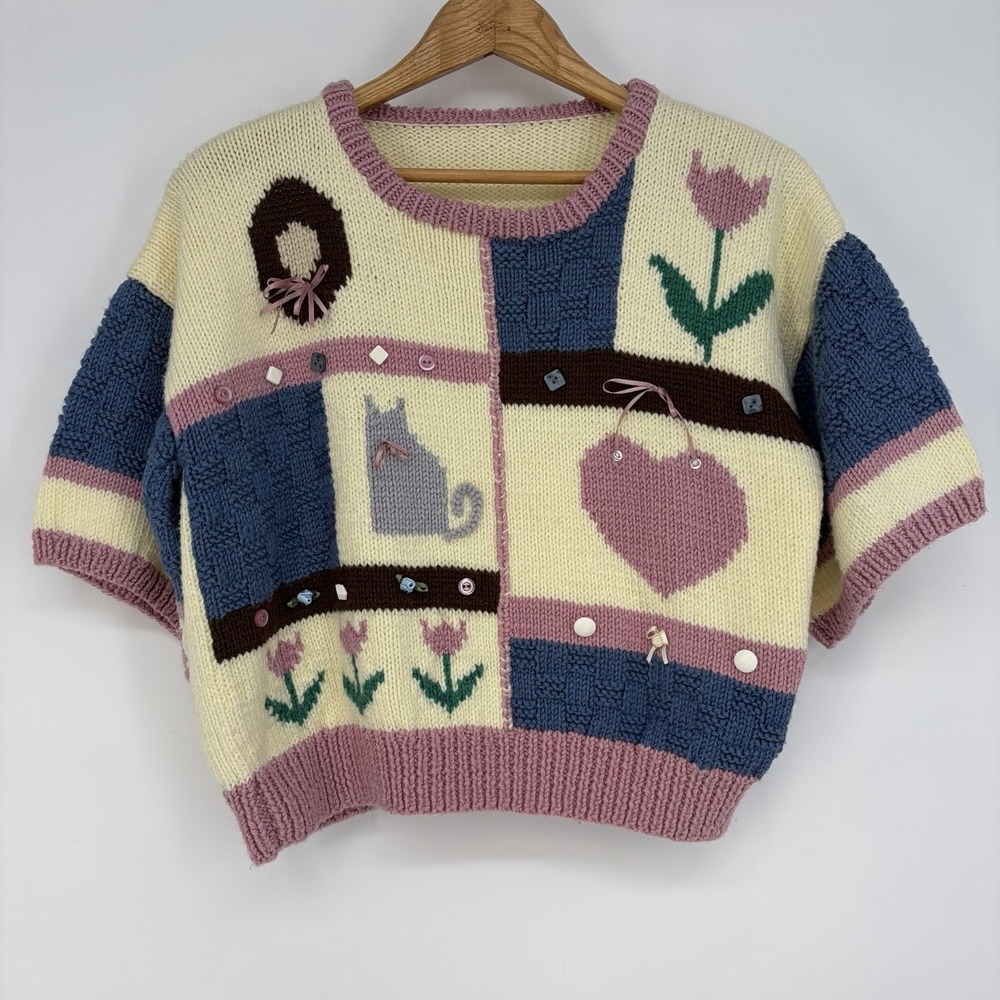 Vtg 80s Handmade Knitted Crocheted Sweater S Short Sleeve Cottagecore Granny 90s
